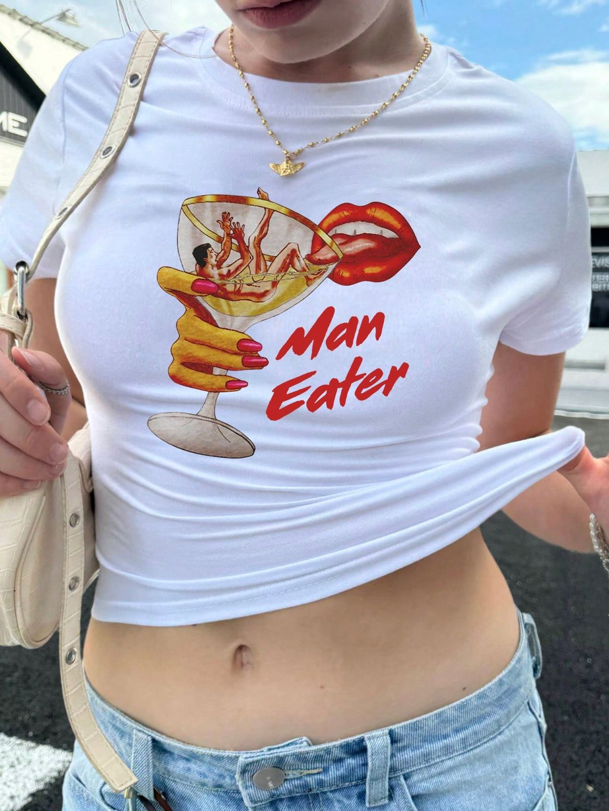 Women’s “Man Eater” Graphic Baby Tee – Y2K Aesthetic Fitted White Crop Top