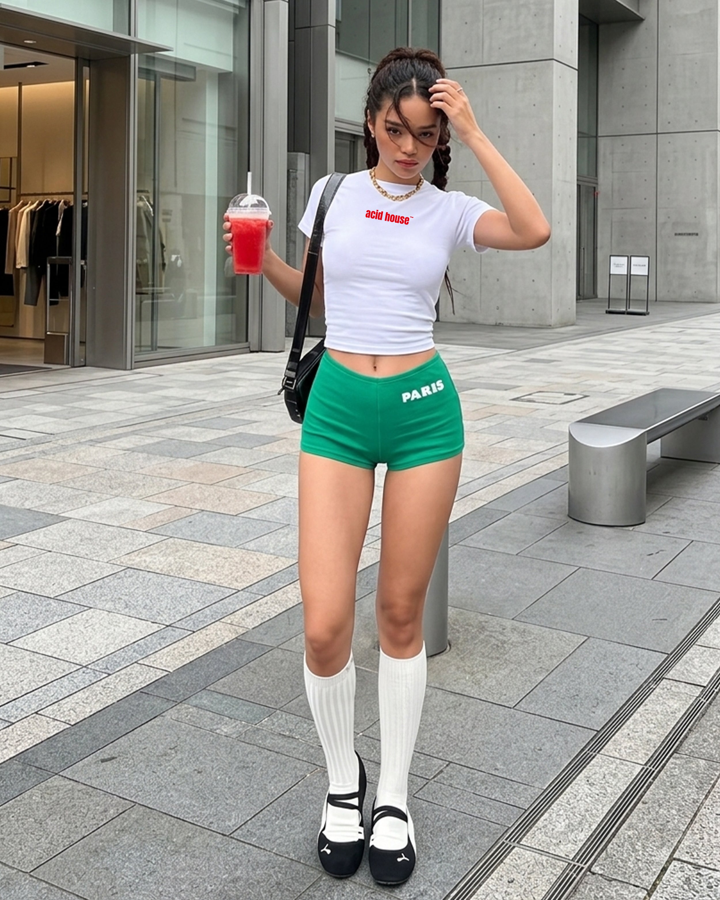 Acid House Logo Baby Tee – White Fitted Crop Top for Women