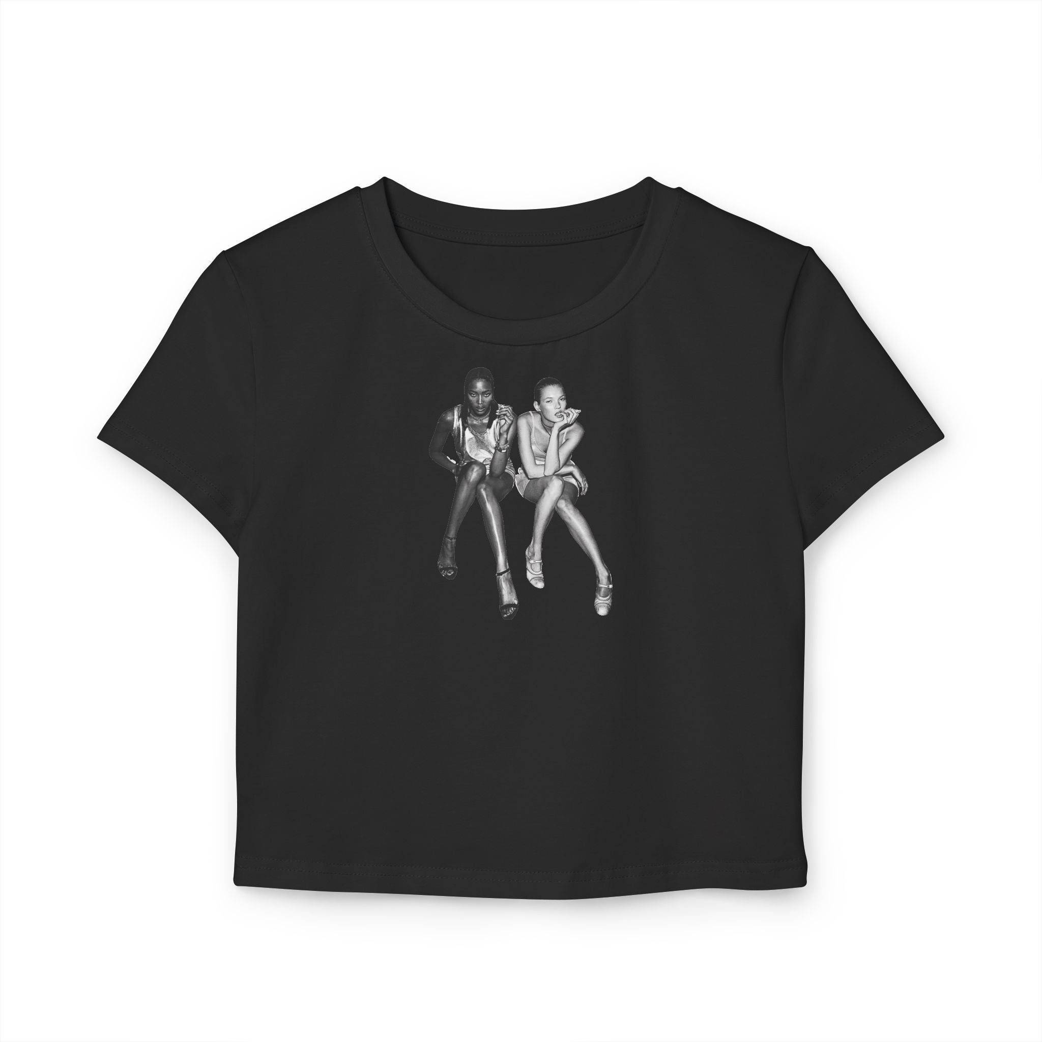 Black Baby Tee with Retro Model Graphic – Cropped Streetwear Top