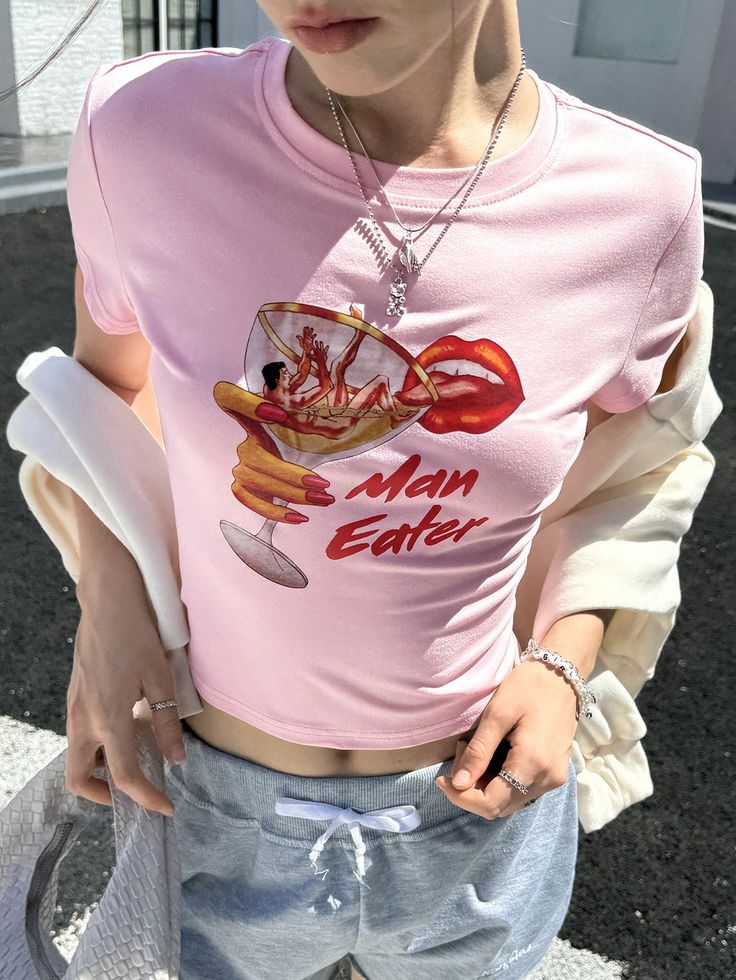 Pink Graphic Baby Tee for Women – Man Eater Print Y2K Aesthetic Slim Fit Crop Top