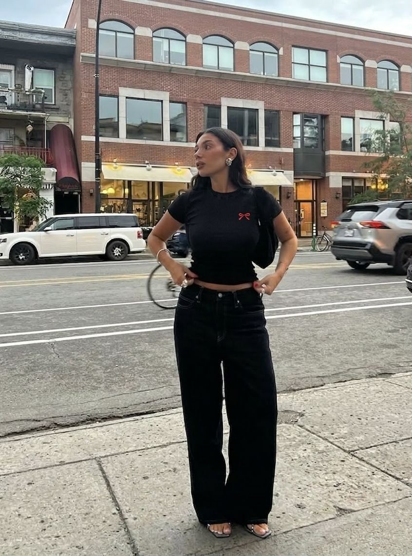 Women’s Black Baby Tee with Red Bow Graphic | Fitted Crop Top