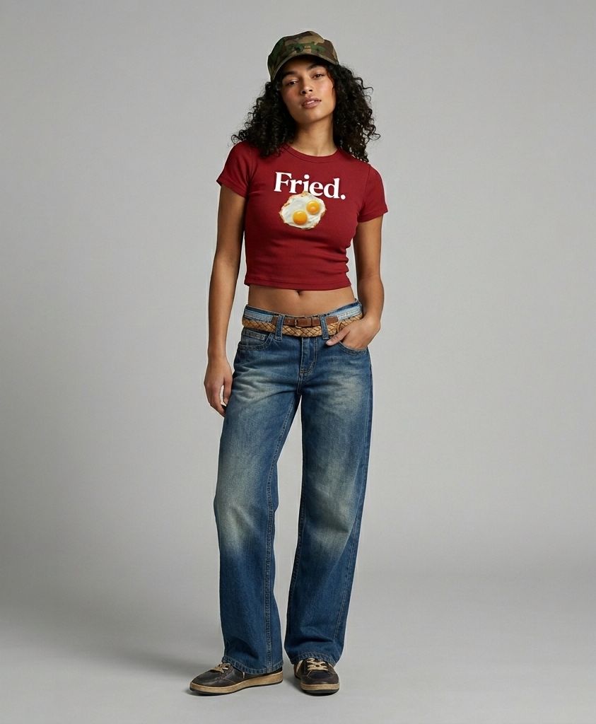 Women’s Red “Fried.” Baby Tee – Slim Fit Ribbed Crop Top with Egg Graphic