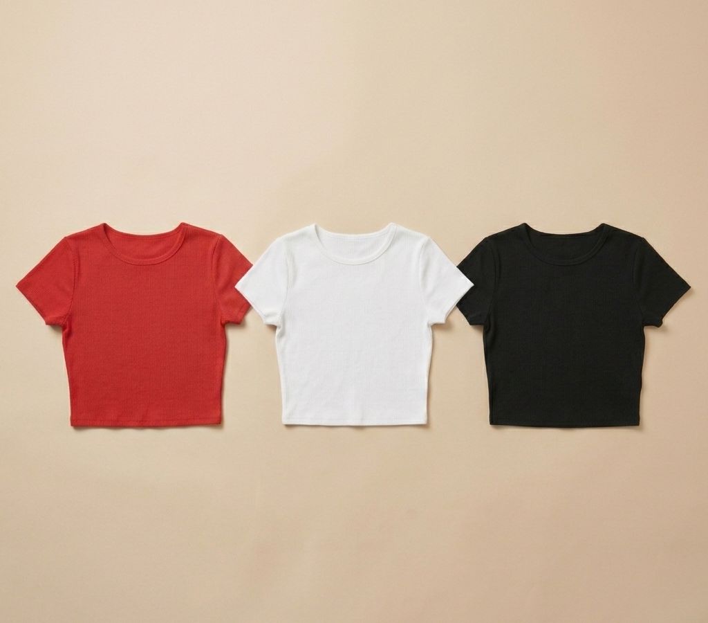 Pack of 3 Baby Tees for Women – Red, White & Black | Stretchable Lycra Cotton Fitted Crop Tops