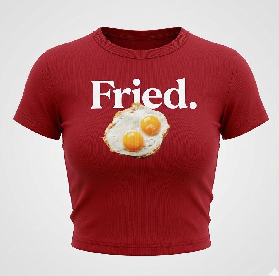 Women’s Red “Fried.” Baby Tee – Slim Fit Ribbed Crop Top with Egg Graphic