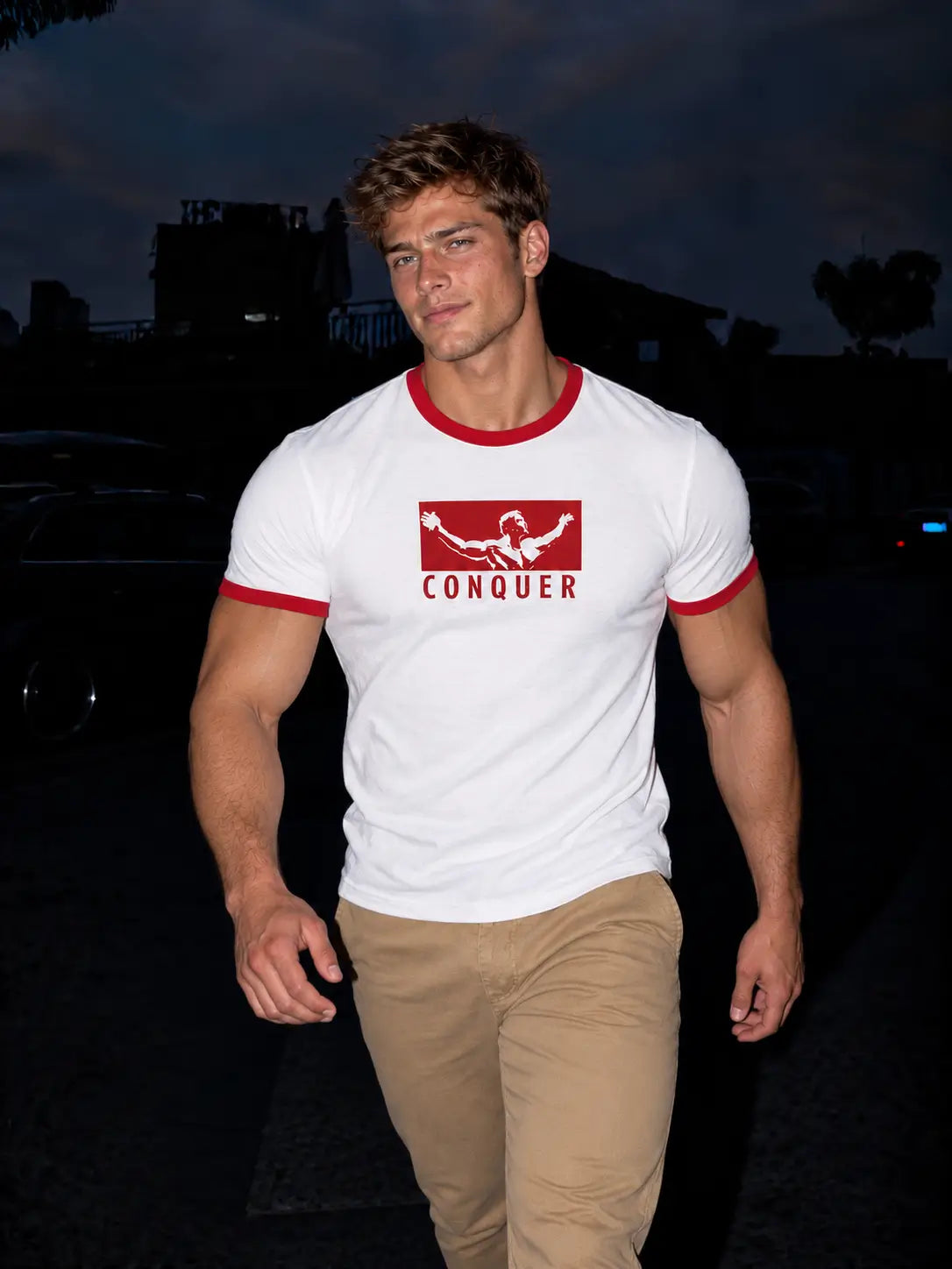 Conquer Graphic Ringer T-Shirt for Men – White & Red
