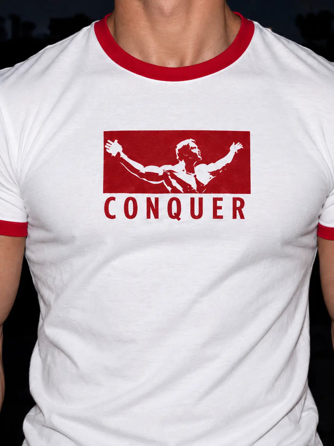 Conquer Graphic Ringer T-Shirt for Men – White & Red