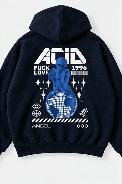 Back view of heavyweight navy oversized hoodie featuring blue angel and globe graphic