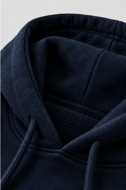 Close-up heavyweight 390+ GSM navy blue hoodie fabric and hood texture