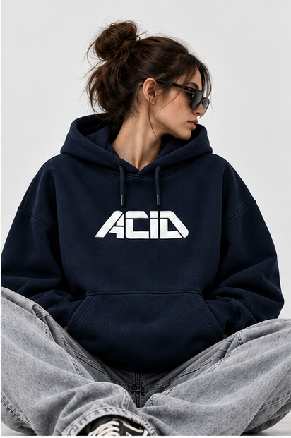 Female model styling oversized navy blue unisex hoodie