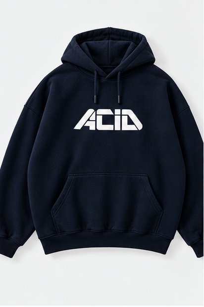 Front view of navy blue 390+ GSM unisex oversized hoodie with ACID chest logo