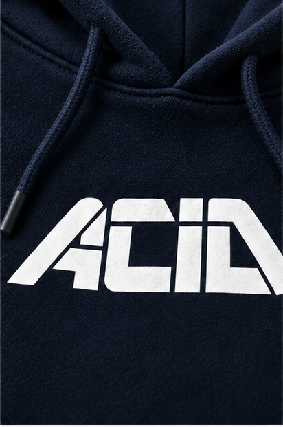 Close-up of ACID white graphic front logo on navy hoodie