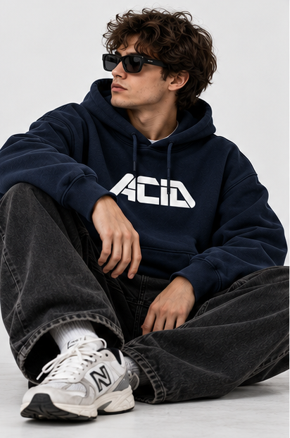 Male model wearing navy Acid House oversized graphic hoodie