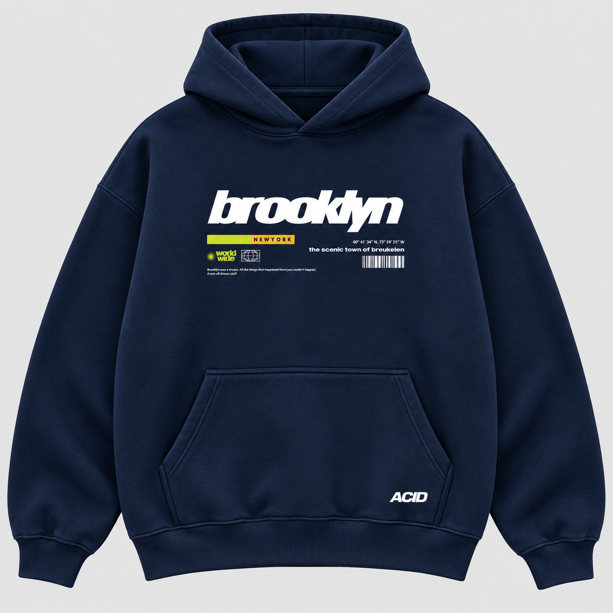 Front flat view of Brooklyn New York graphic navy oversized hoodie with small ACID pocket logo
