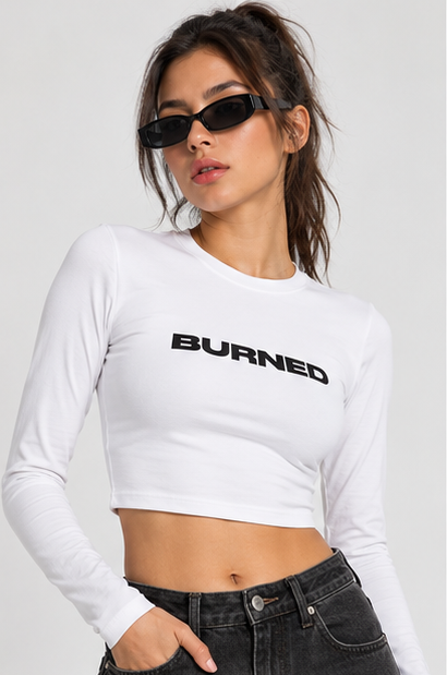 Acid House BURNED full sleeve crop top in white image 1