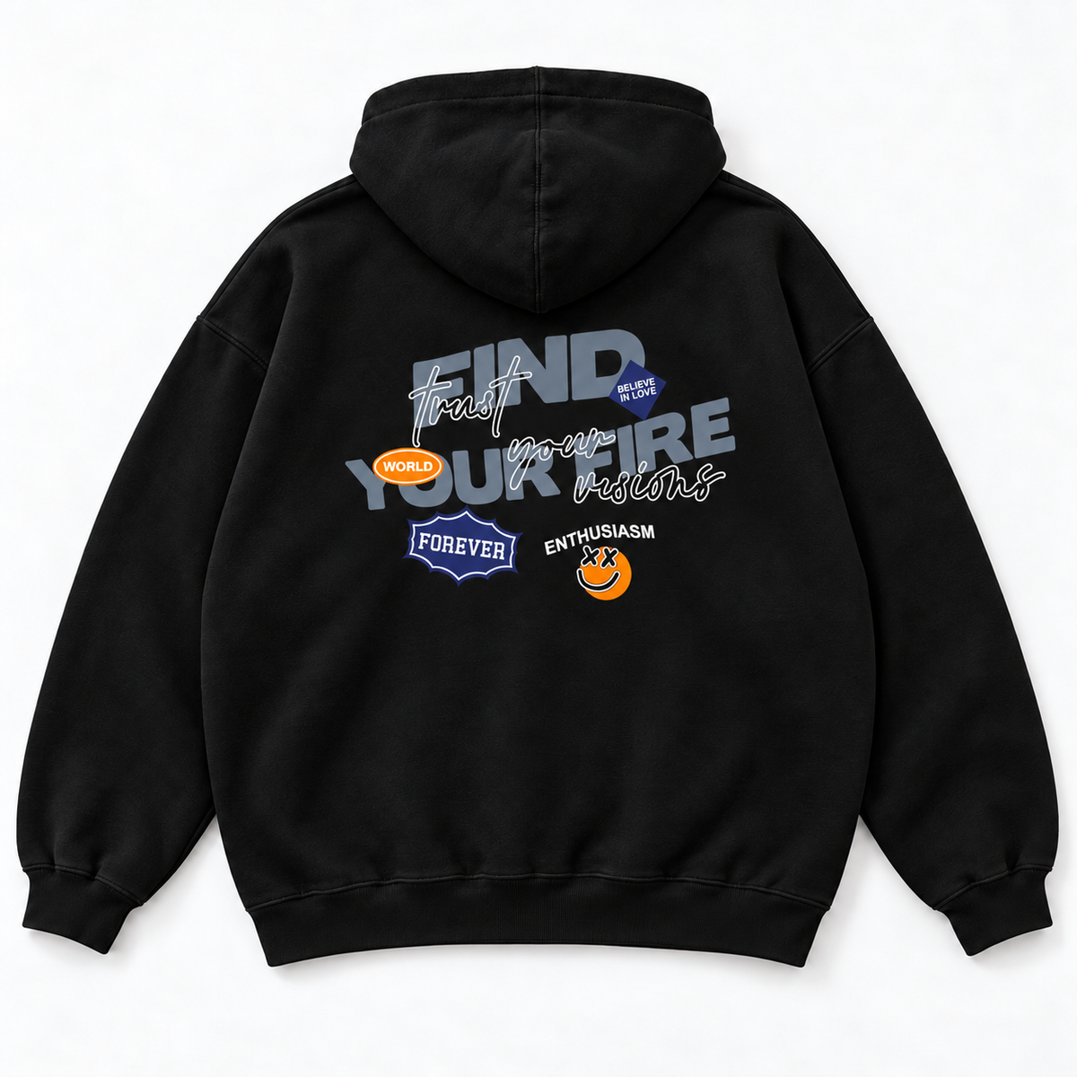 Find Your Fire black oversized hoodie with smaller back graphic – Acid House