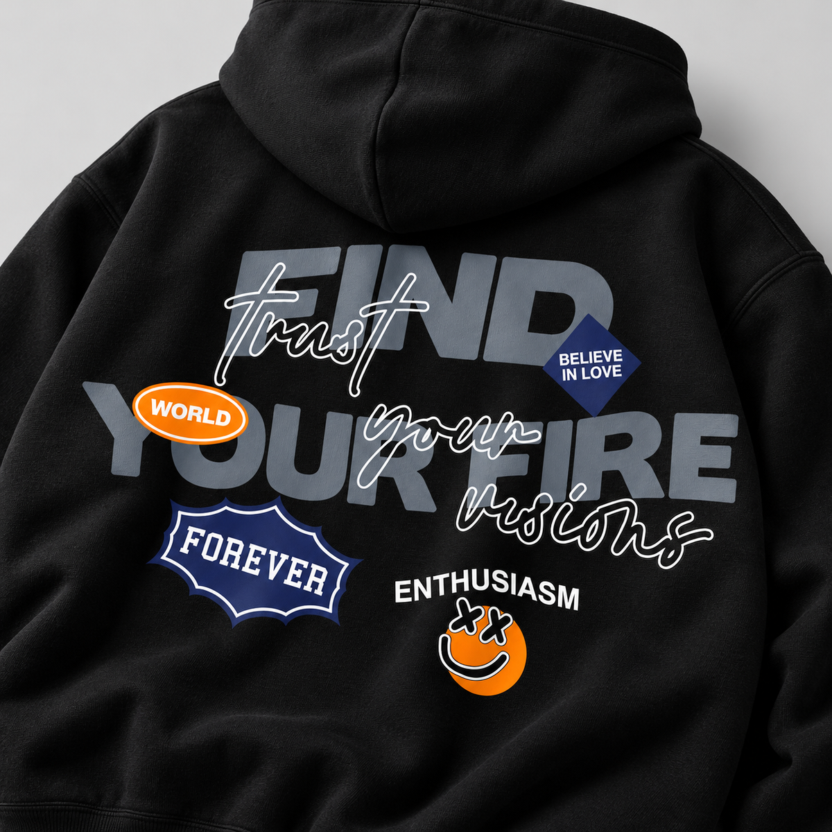 Find Your Fire black oversized unisex hoodie close-up – Acid House