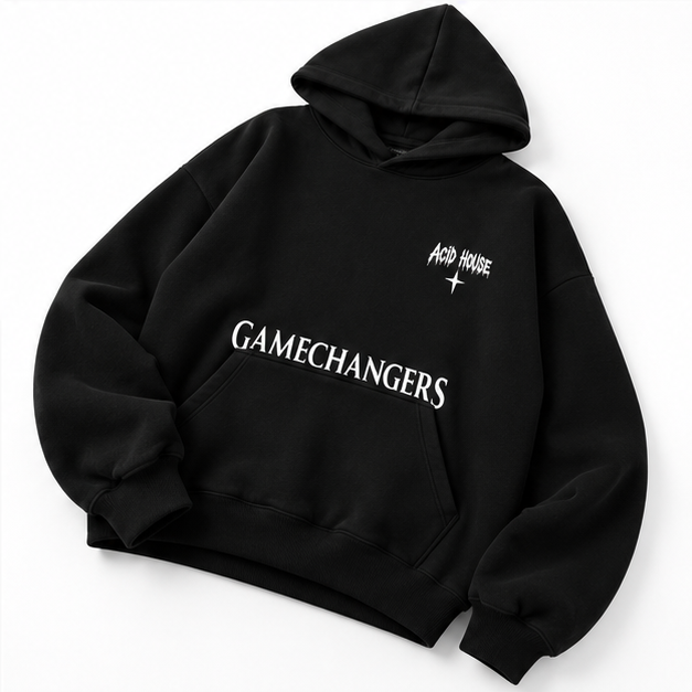Angled product view – Acid House Gamechangers black oversized unisex hoodie