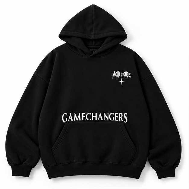 Front view – Acid House Gamechangers black oversized unisex hoodie