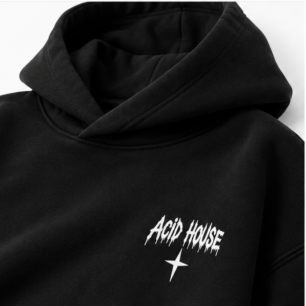 Acid House chest logo close-up – Acid House Gamechangers black oversized unisex hoodie