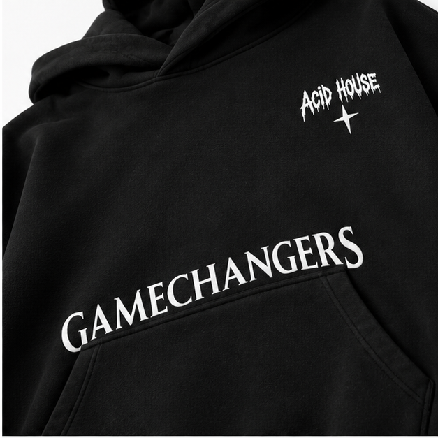 GAMECHANGERS pocket print close-up – Acid House Gamechangers black oversized unisex hoodie