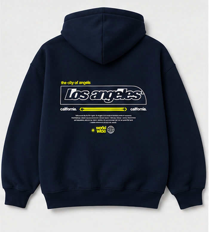 Navy blue unisex hoodie flat back showing smaller Los Angeles city of angels print
