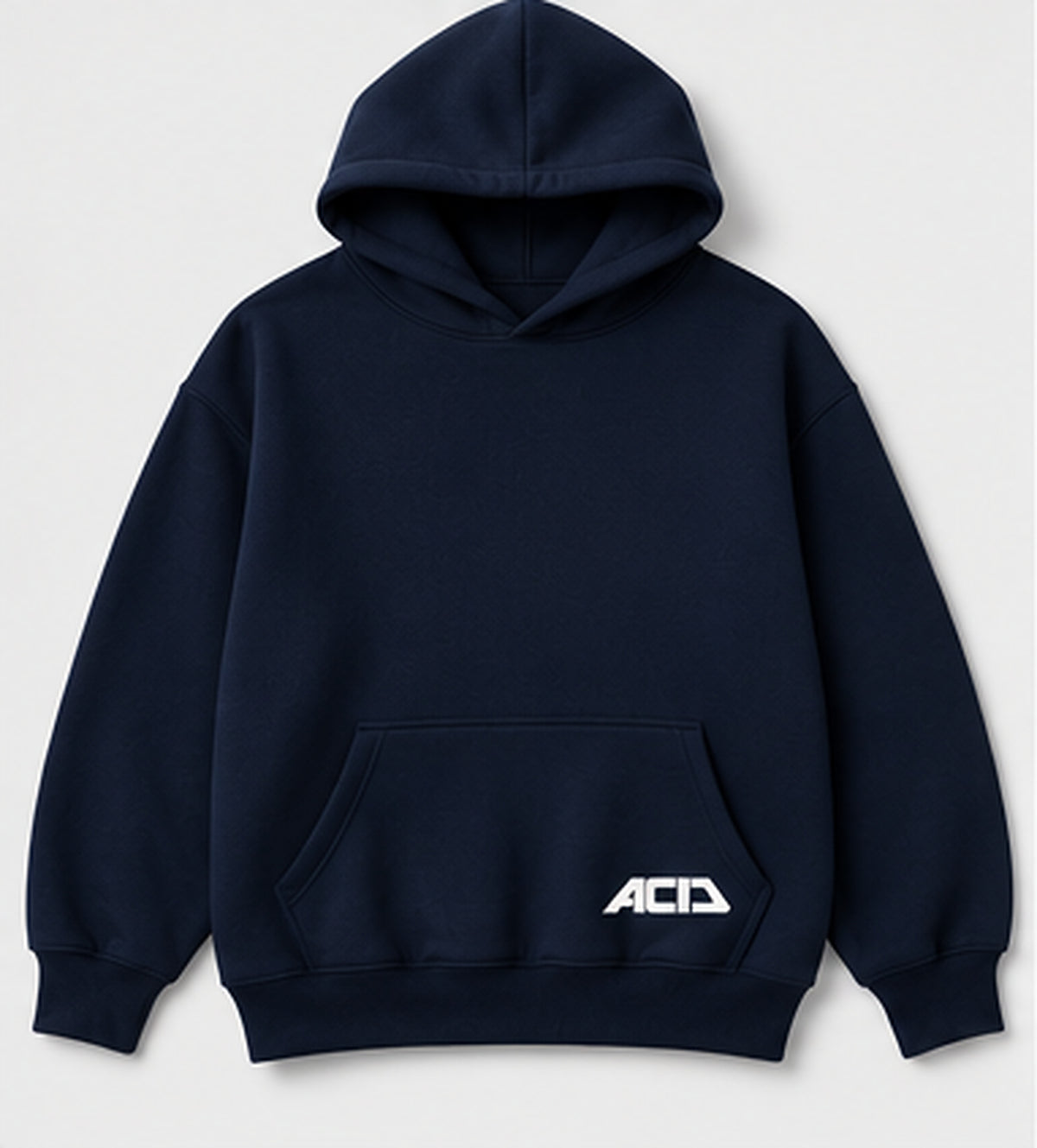 Navy oversized hoodie front flat view showing white ACID pocket logo