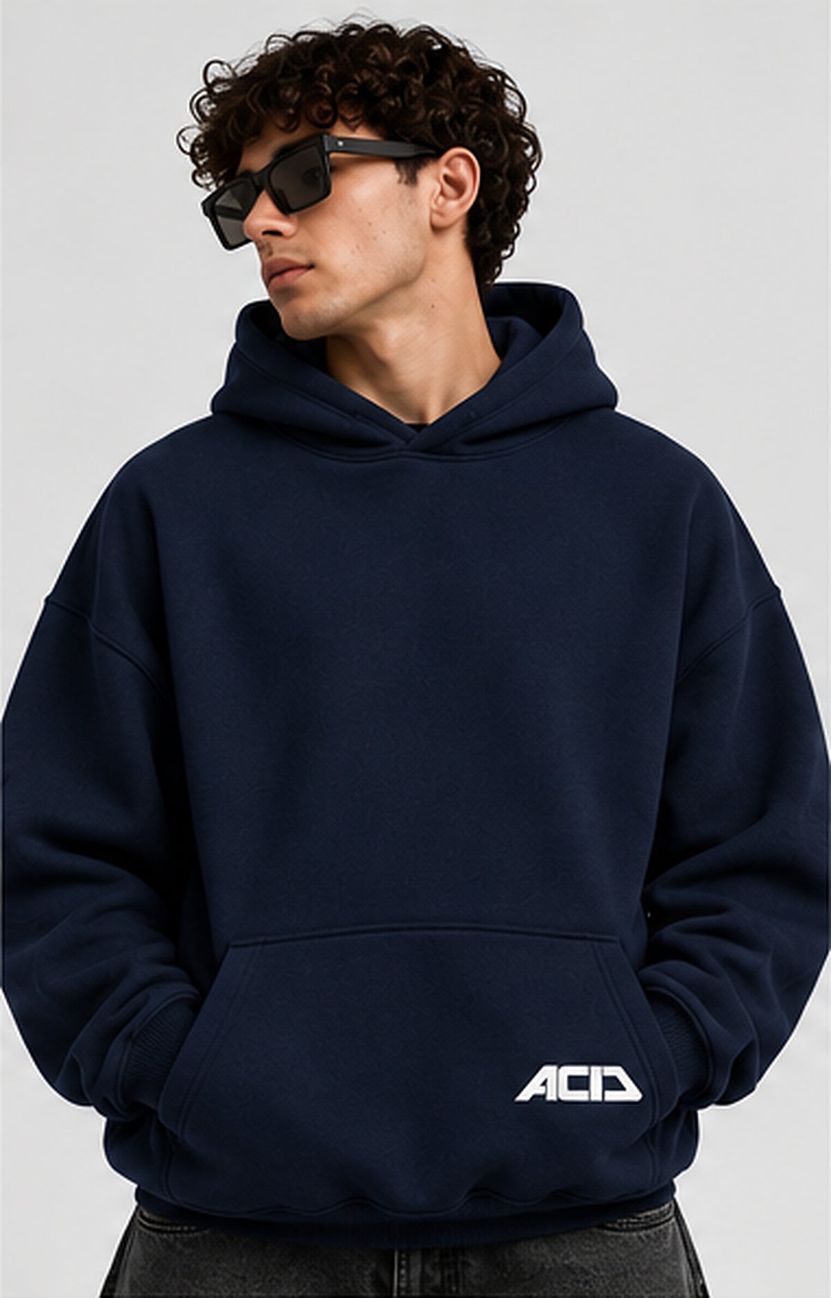 Male model front view navy blue 390+ GSM oversized unisex hoodie