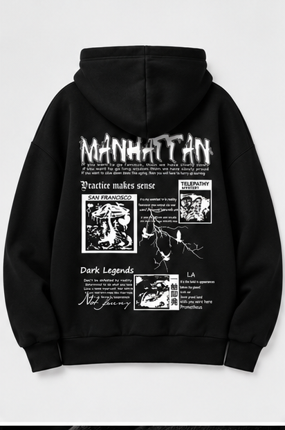 Back flat lay with Manhattan graphic – Acid House black 390+ GSM oversized unisex hoodie