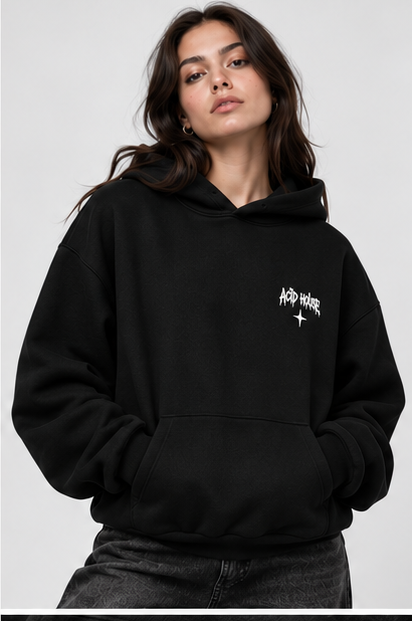 Female model wearing front – Acid House black 390+ GSM oversized unisex hoodie