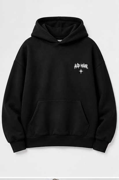 Front flat lay with Acid House chest logo – Acid House black 390+ GSM oversized unisex hoodie