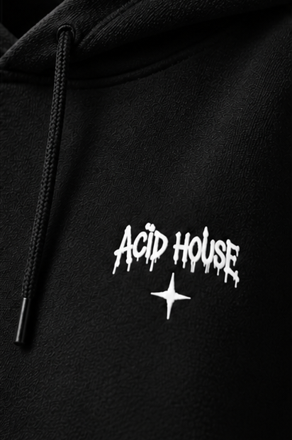 Acid House chest logo close-up – Acid House black 390+ GSM oversized unisex hoodie