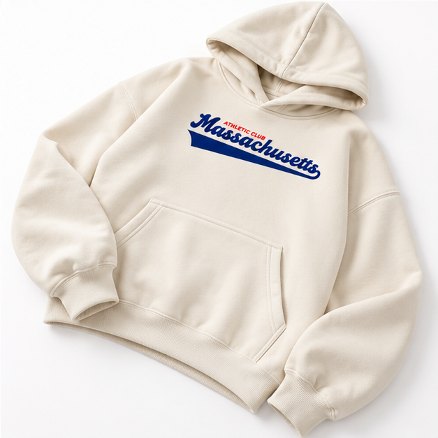 Angled studio view of cream oversized hoodie