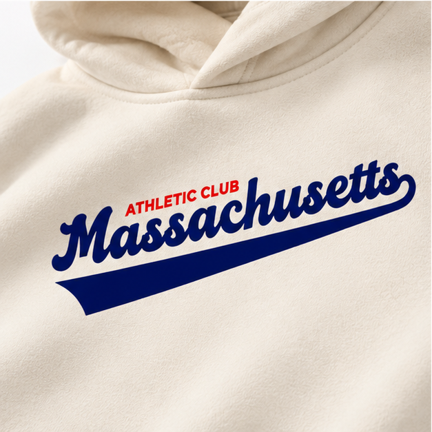 Detailed cream hoodie chest print and fleece texture