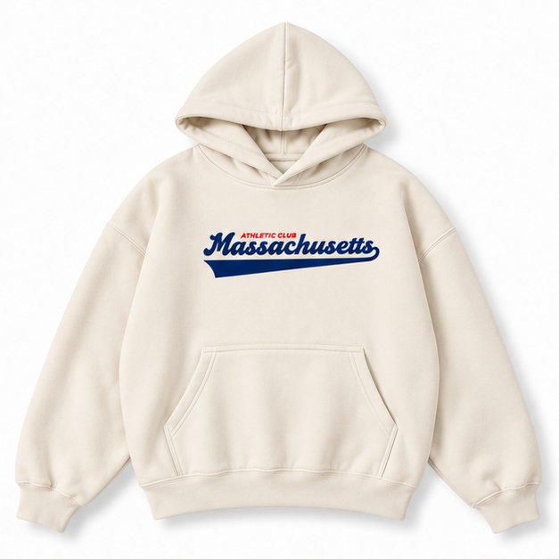 Front cream hoodie with Massachusetts front logo