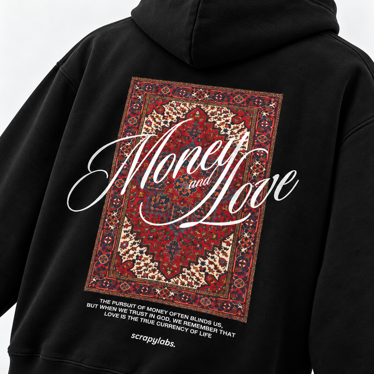 Acid House Money and Love black oversized unisex hoodie close-up