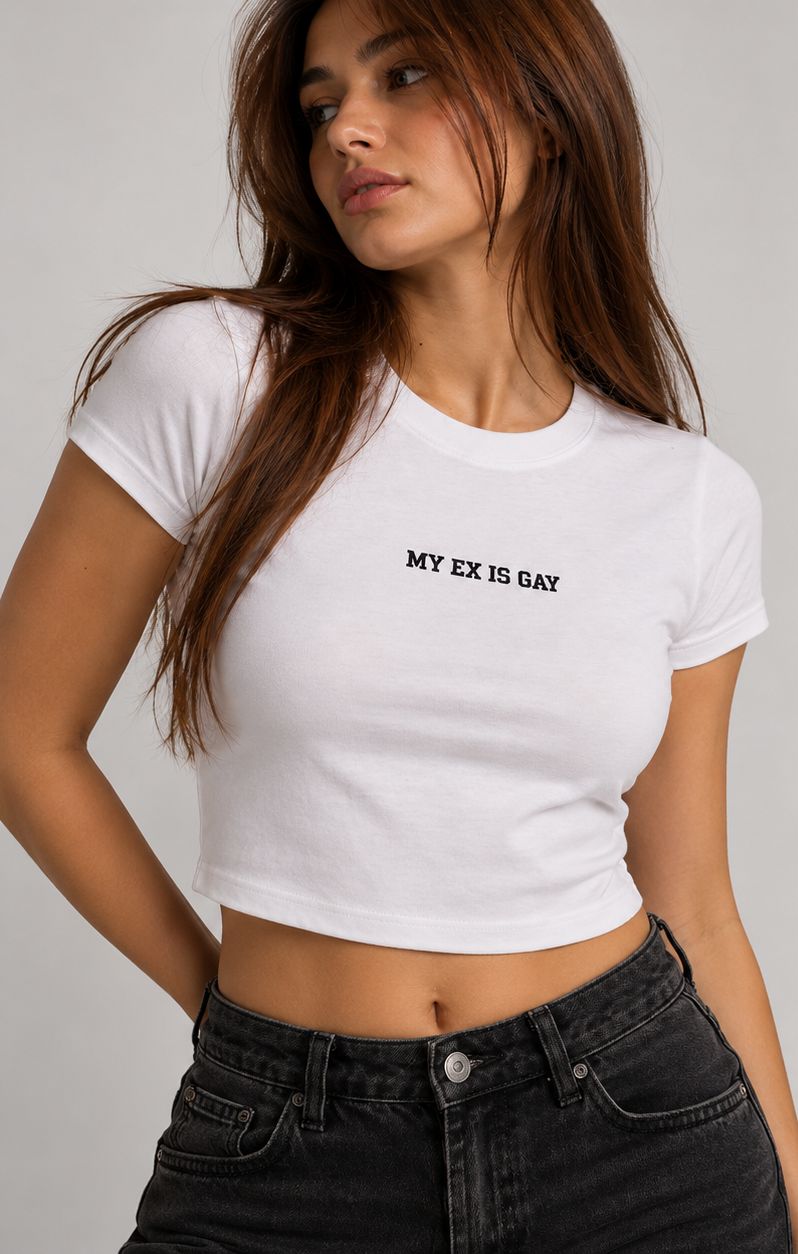 My Ex Is Gay white women's baby tee – model front