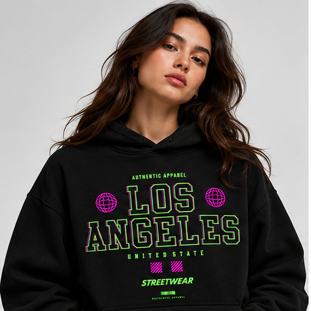 Acid House Neon Los Angeles black oversized 390+ GSM hoodie – female front