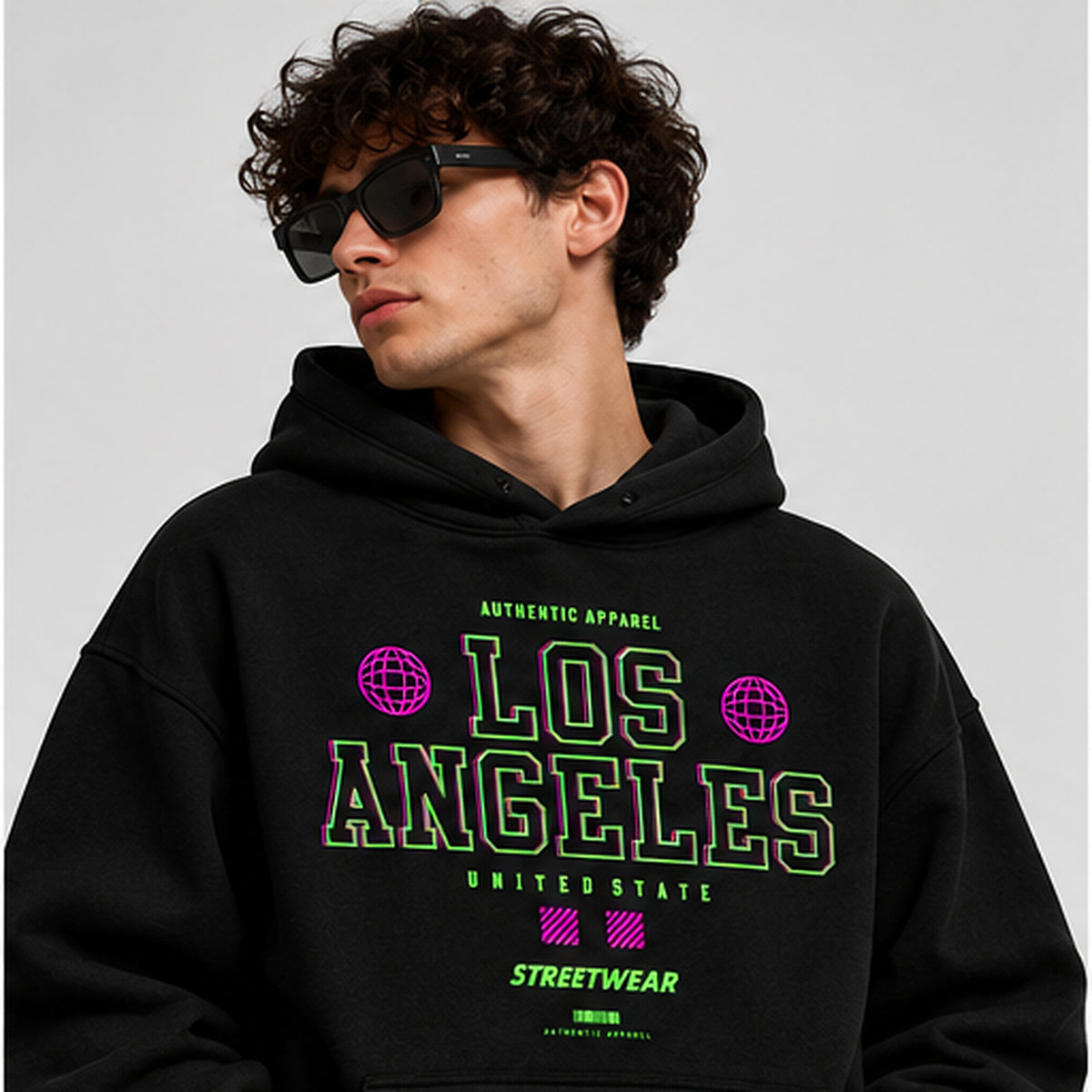 Acid House Neon Los Angeles black oversized 390+ GSM hoodie – male front