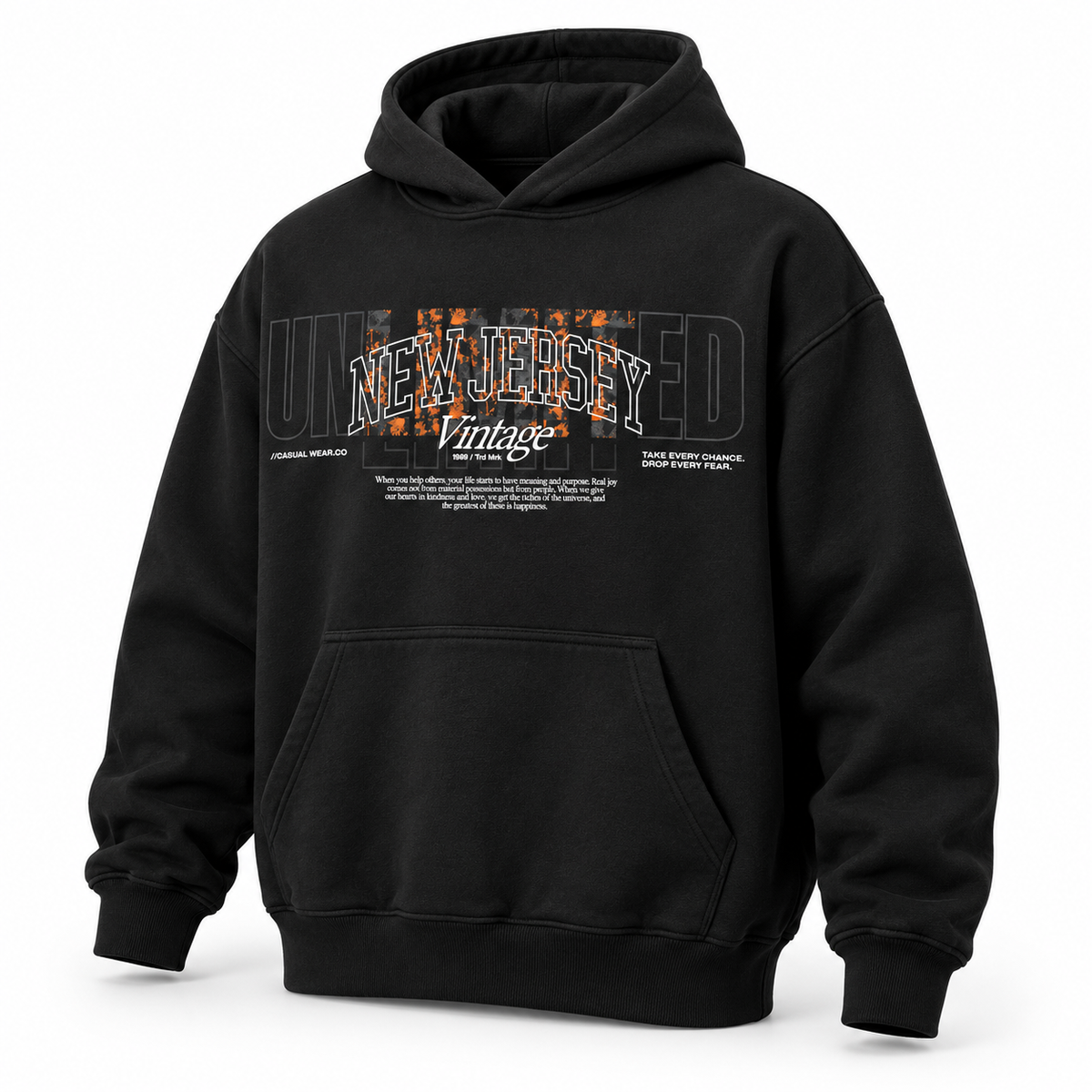 Acid House New Jersey Vintage black oversized unisex hoodie – angled front