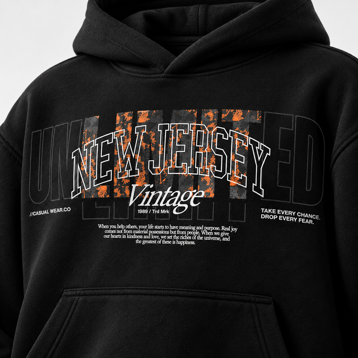 Acid House New Jersey Vintage black oversized unisex hoodie – design close up