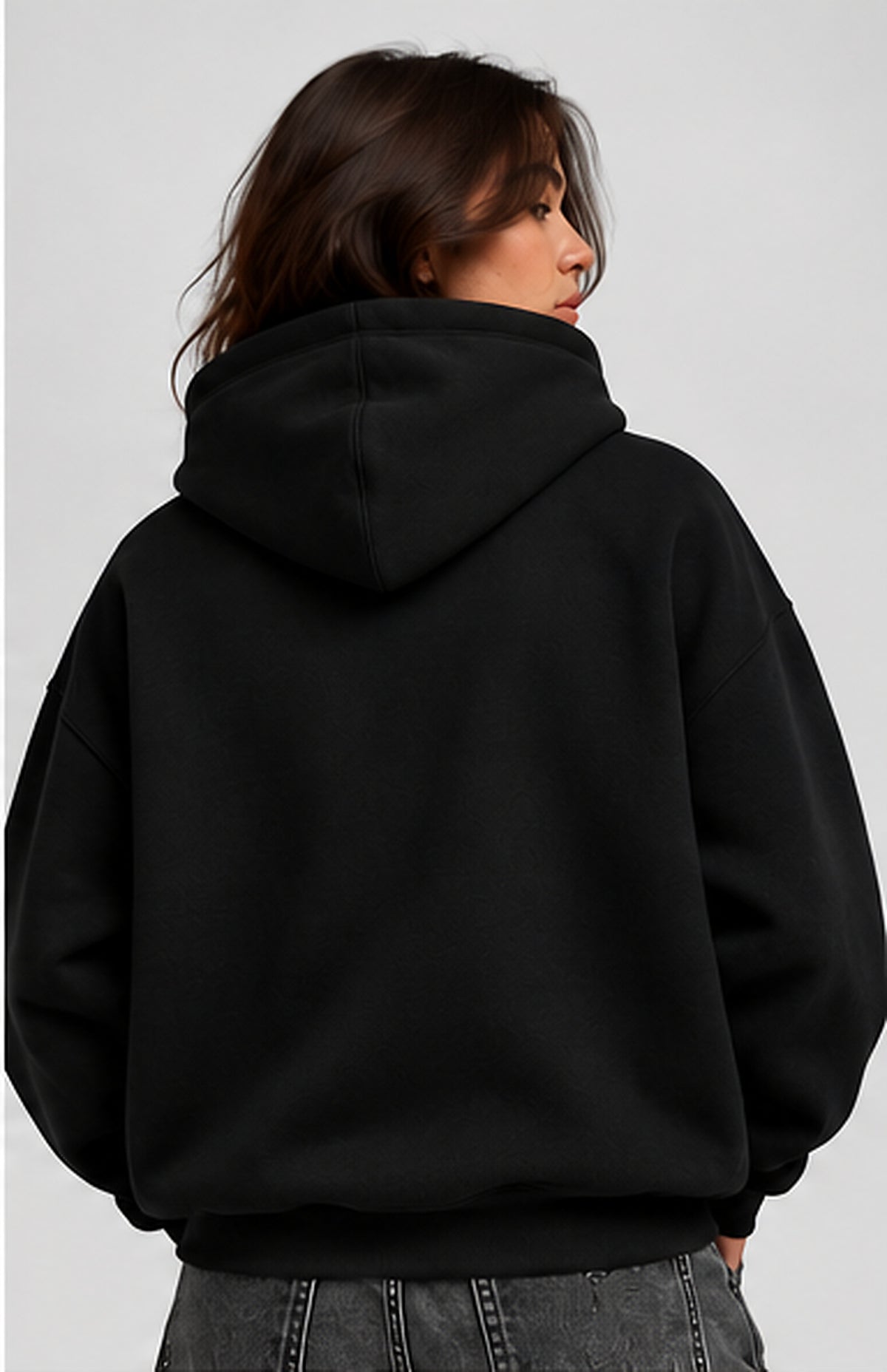 Acid House black 390+ GSM oversized unisex hoodie – female back view
