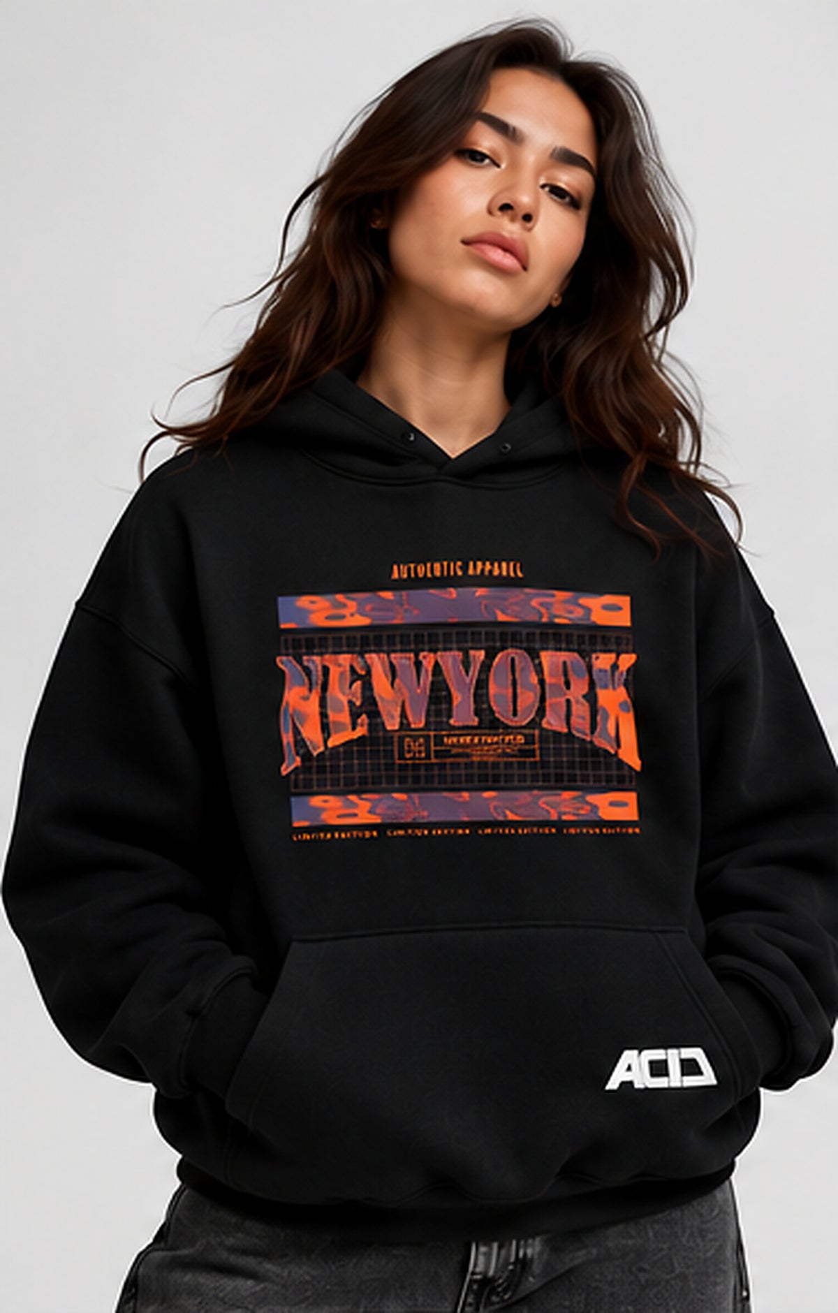 Acid House black 390+ GSM oversized unisex hoodie – female front view