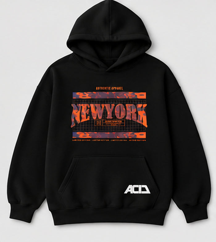 Acid House black 390+ GSM oversized unisex hoodie – front flat view