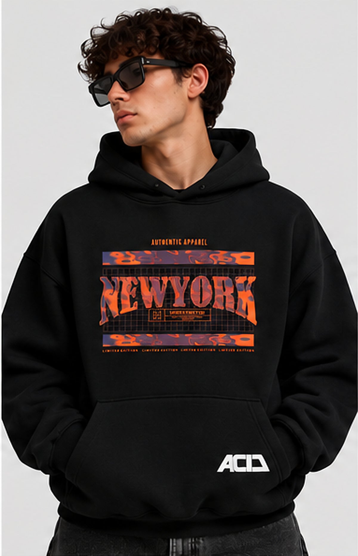 Acid House black 390+ GSM oversized unisex hoodie – male front view
