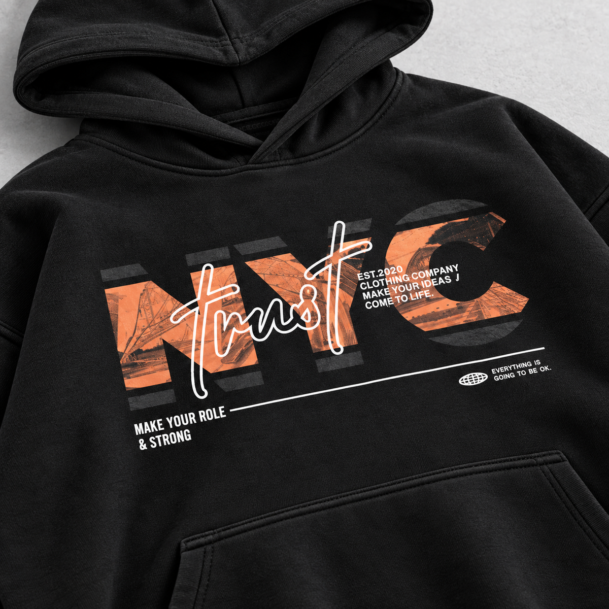 NYC Trust black oversized unisex hoodie angled-close-up – Acid House