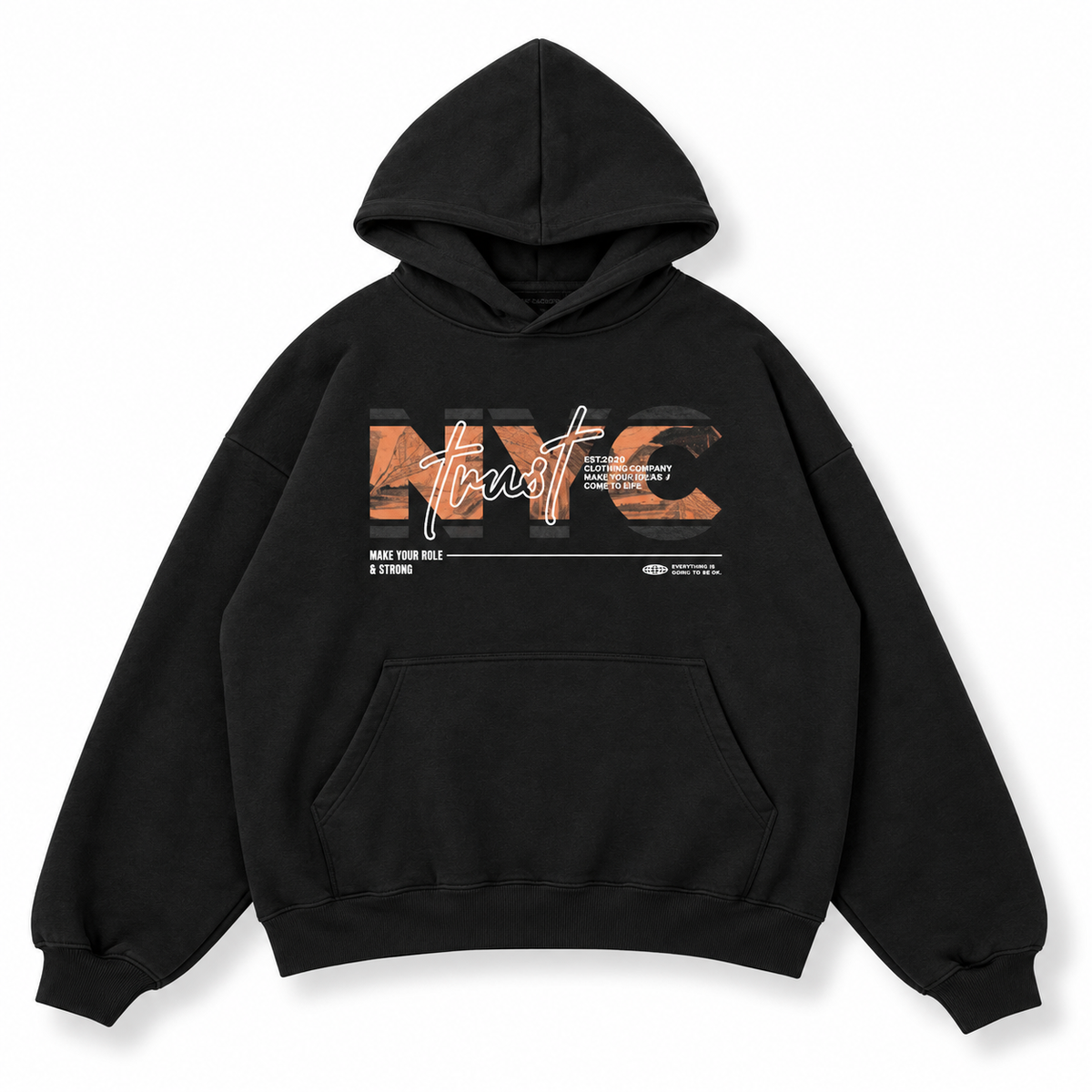 NYC Trust black oversized unisex hoodie front – Acid House