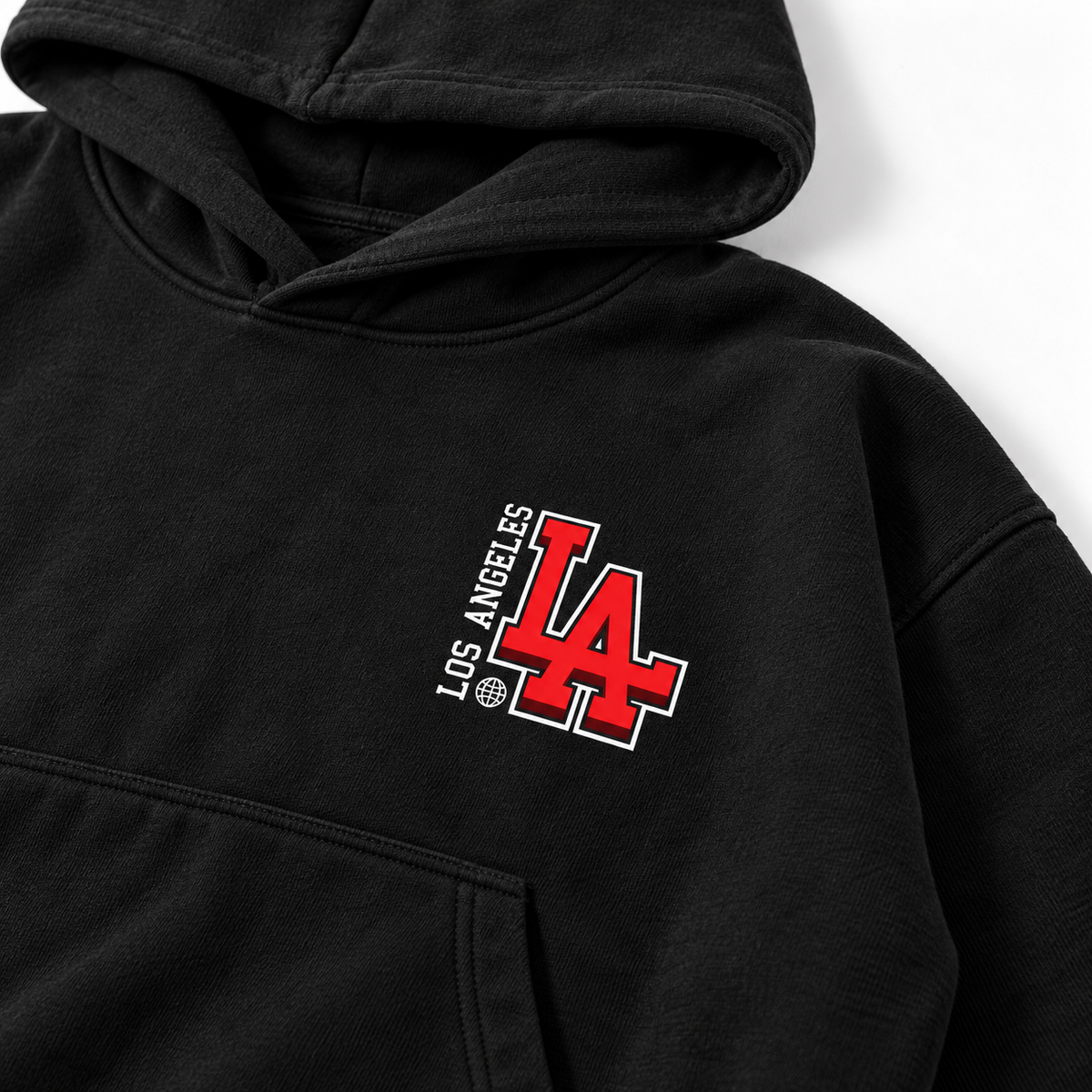 Acid House red LA Los Angeles black oversized unisex hoodie close-up