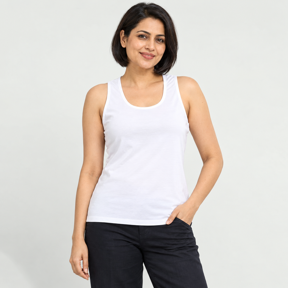 RELAX MODE women's white cotton tank top – front on mature model