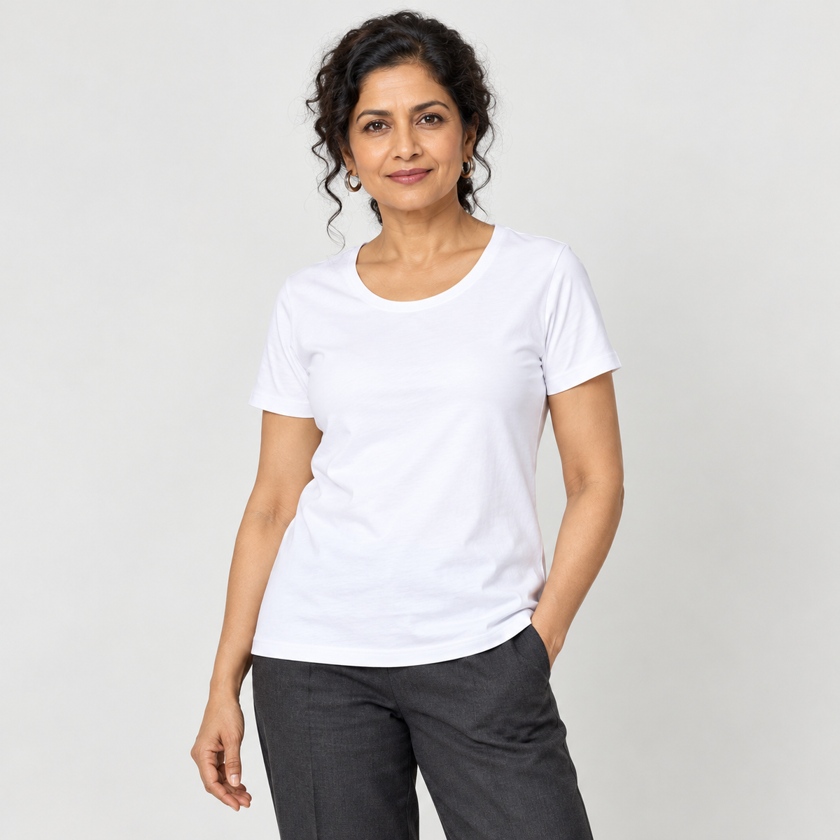 RELAX MODE women's white cotton regular-fit T-shirt on adult model – front