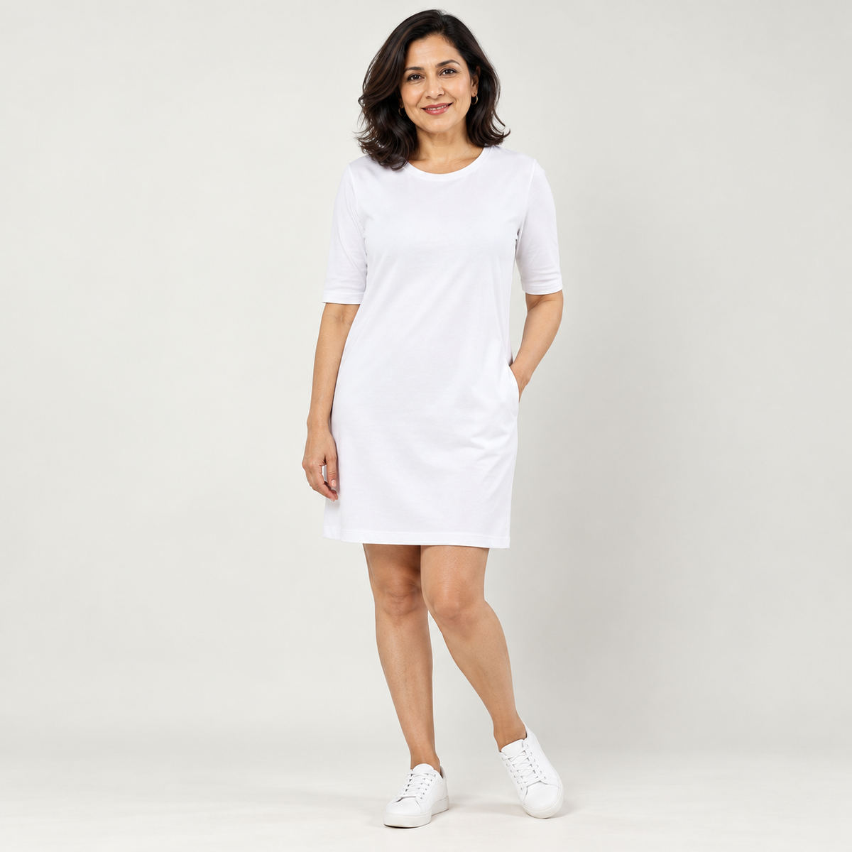 RELAX MODE women's white cotton T-shirt dress – front full body on mature model